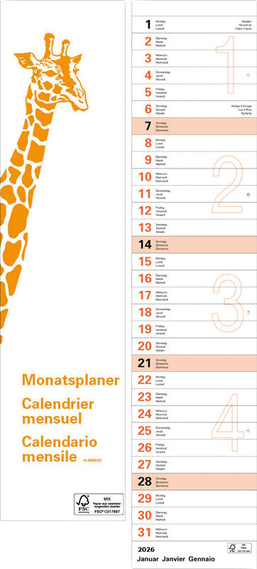 Giraffenkalender Wandkalender – dreisprachig d/f/i – 2026 – Datumsschieber – Spiralbindung – 12 × 55 cm