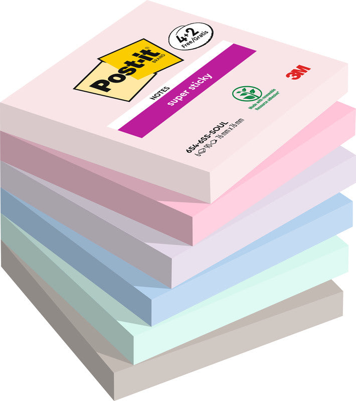 Post-it Haftnotizen Super Sticky – 76×76 mm – sortiert, 6×90 Blatt, PEFC