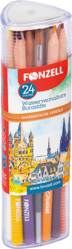 Fonzell Creative Aquarellfarbstifte-Set – 24 Farben, rund, Mine Ø 3,3 mm, Dreiecksetui, mit Pinsel