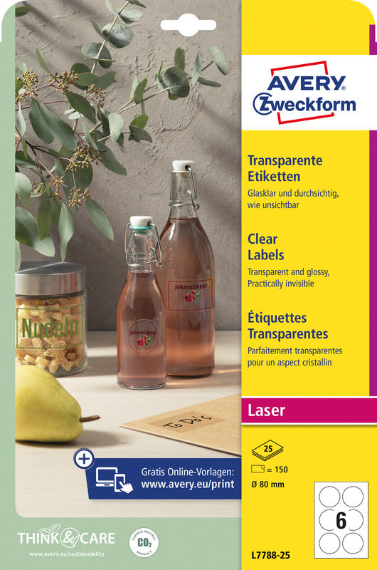 Avery Folienetiketten, Ø 80 mm, Transparent, Folie, Permanent