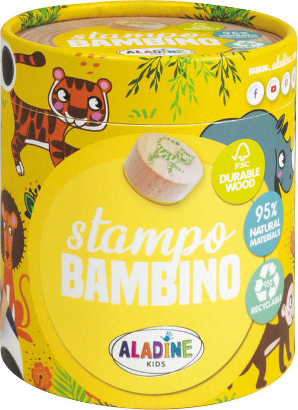 Aladine kids Aladine – Bambino Motivstempel-Set – Safari, 8 Motive, Ø 40 mm, Schwarzes Stempelkissen