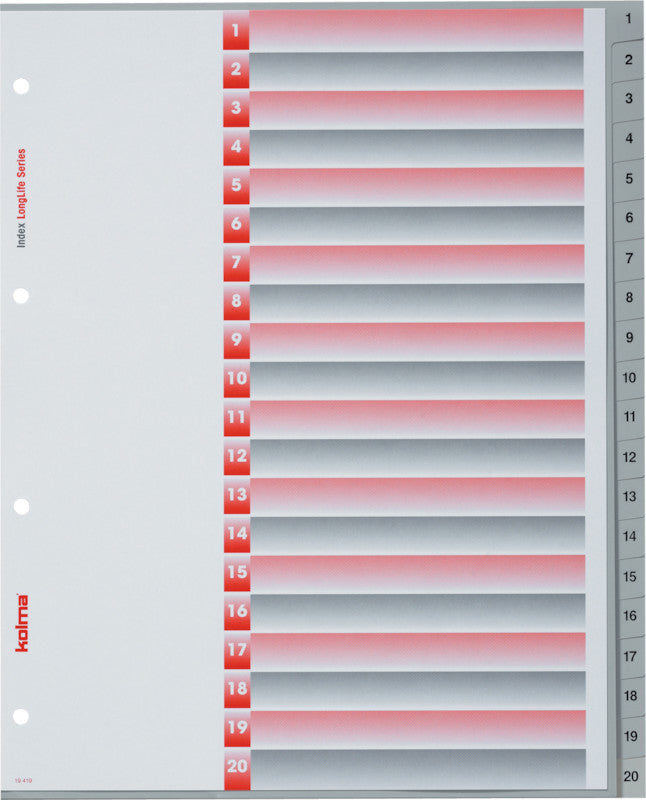 Kolma LongLife XL Register – A4, 20-teilig, PVC, grau, mit Indexblatt, für A4 hoch überbreit