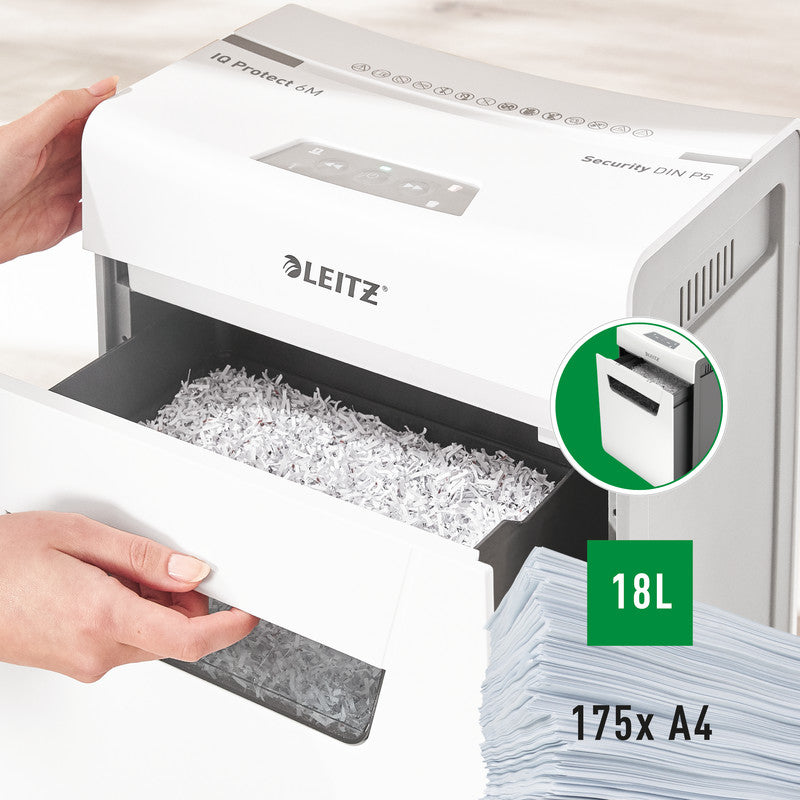Leitz IQ 6M Protect Premium – Aktenvernichter, DIN P-5, Partikelschnitt 2 × 15 mm, 6 Blatt, 18 l, A4