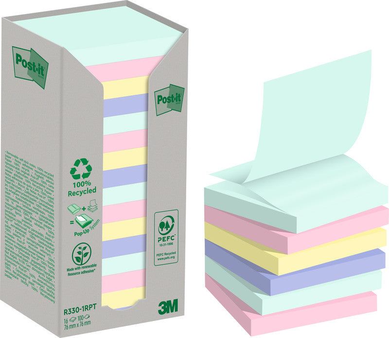 3M Post-it Haftnotizen Recycling Tower – 76×76 mm – sortiert, 16×100 Blatt, Z-Faltung, PEFC