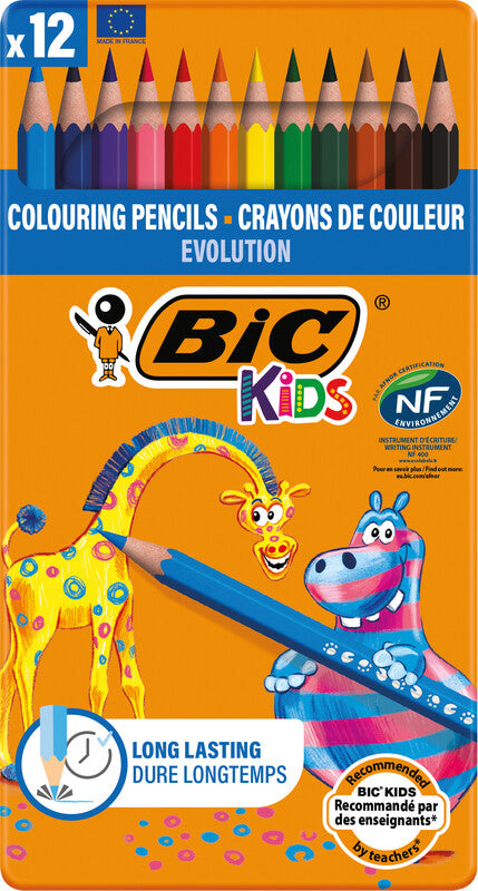 BIC Buntstifte Evolution Kids – 12 Farben, im Metalletui, Ø 3,2 mm, Kunstharz, NF Environment