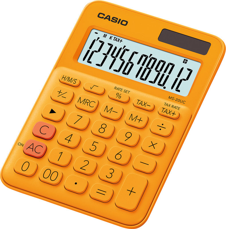 Casio Tischrechner MS-20UC – 12-stellig, LCD, Währung/Prozent, Solar + Batterie, Orange, 105×150×23 mm