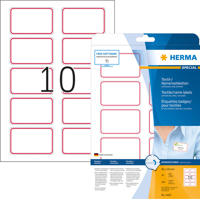 HERMA Schuletiketten – Motiv Rahmen Rot – 80 × 50 mm, Abgerundete Ecken, 200 Stk, 20 Bogen, Textil, Ablösbar
