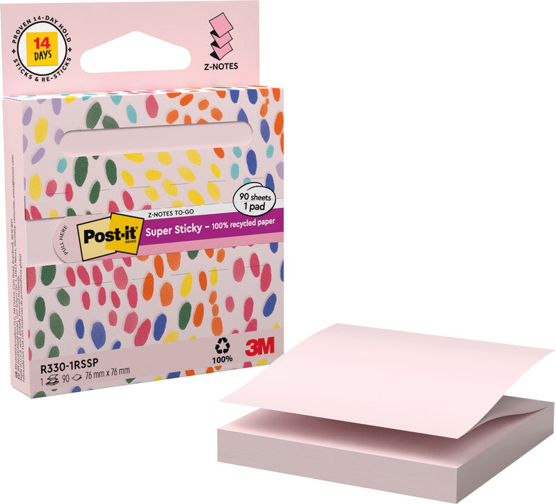 Post-it Haftnotizen Z-Notes Recycling – 76×76 mm – Pink, 90 Blatt, Recyclingpapier