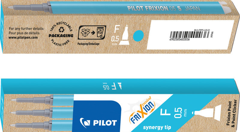 Pilot FriXion Rollerpatronen für Point, Point Clicker – Hellblau, 0,5 mm, löschbar, geruchsarm, 3 Stk.
