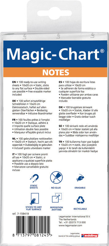 Legamaster Magic-Chart Notes Haftnotizen – 100×200 mm – weiss, 100 Blatt, elektrostatisch geladen