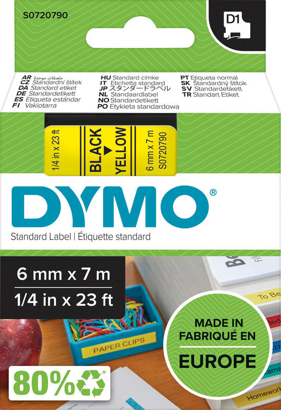 DYMO Schriftband – 6 mm × 7 m, gelb, schwarz – für DYMO: POCKET, 1000+, 2000, und andere