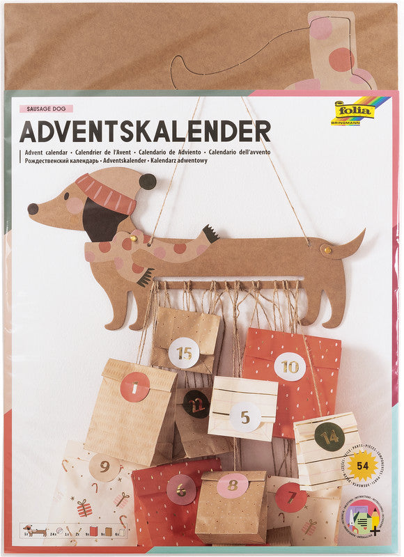 Folia Adventskalender-Set Dackel – 24 bedruckte Papiertüten – 350 × 250 × 25 mm