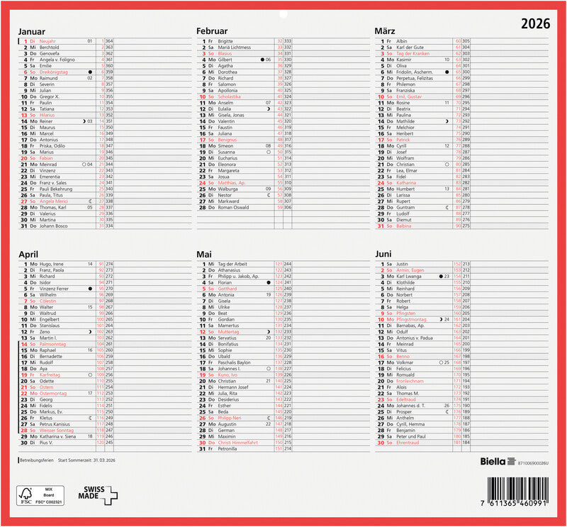 Biella Tafelkalender – 6 Monate pro Seite – Deutsch – 2026 – 32 × 29,7 cm