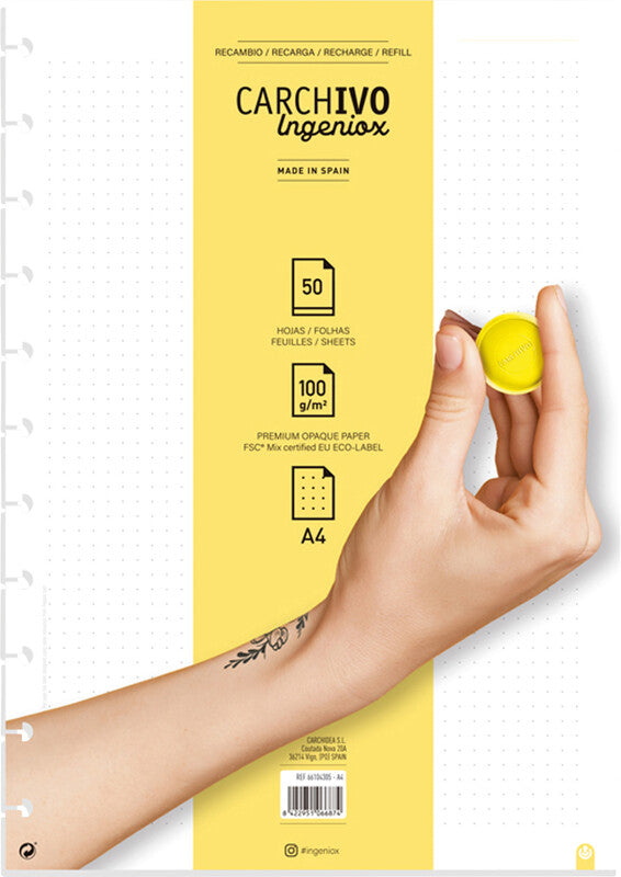 Carchivo Notizbuch-Einlagen A4, Punktraster, spezielle Perforierung, 100 g/m², für Spiralbuch Ingeniox – 50 Blatt