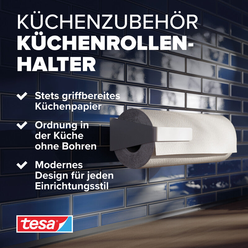 TESA Küchenrollenhalter – für Rollen bis Ø 11 cm – Power.Kit-Befestigung, wieder ablösbar – 26,5 × 6 × 13,5 cm