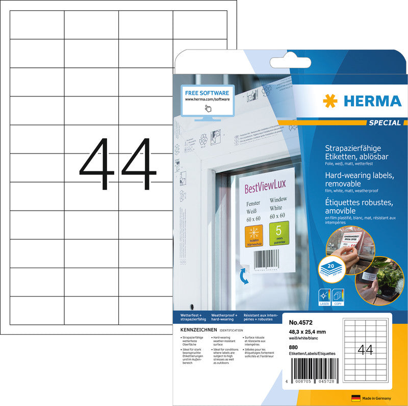 HERMA Drucketiketten, 210 mm × 297 mm, weiss, Folie, extra stark, 20 Blatt