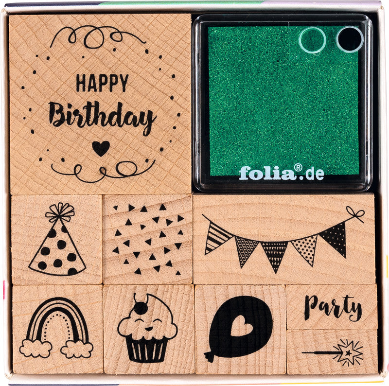 Folia Motivstempel-Set – Happy Birthday, 11 Teile, Kissen sortiert