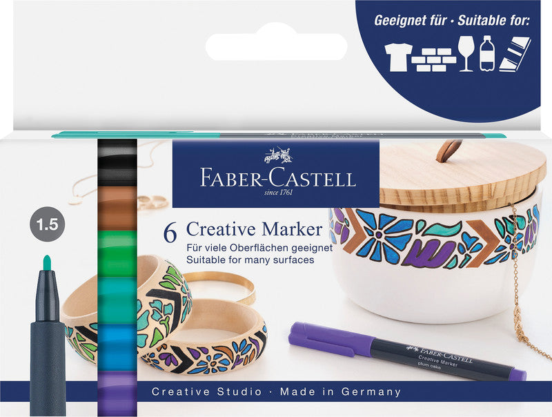 Faber-Castell Non-Permanent Marker Creative – Rundspitze 1,5 mm – Sortiert – 6er-Set – Trocken abwischbar