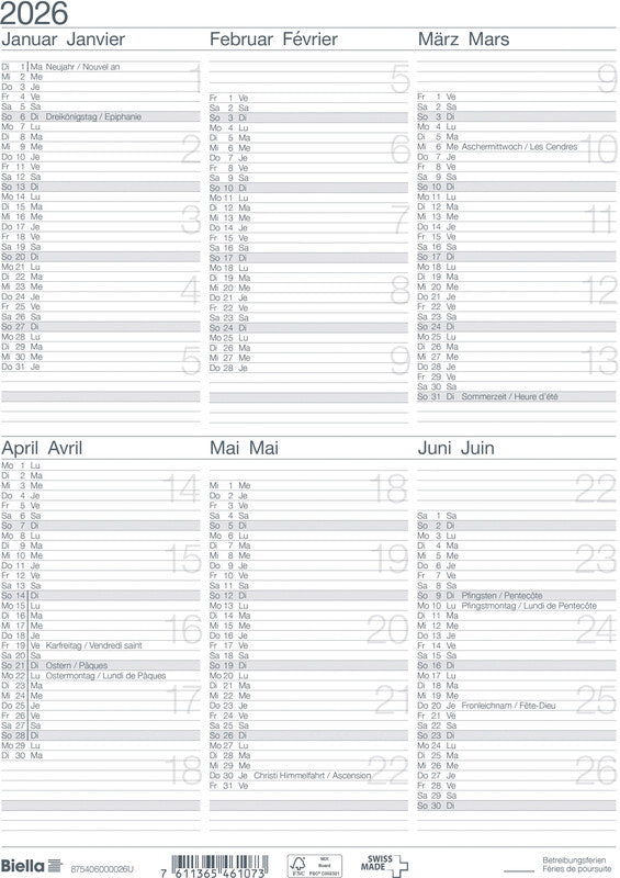 Biella Tischkalender – 6 Monate pro Seite – zweisprachig Deutsch/Französisch – 2026 – 21 × 29,7 cm
