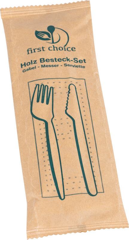 First choice ELCO Besteck-Set Holz – Messer, Gabel, Serviette, 16,5 cm, Braun, 50 Stück