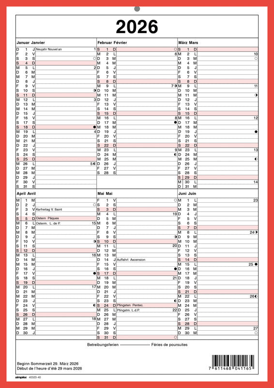 Simplex Tafelkalender – 6 Monate pro Seite – zweisprachig Deutsch/Französisch – 2026 – zweiseitig – A4