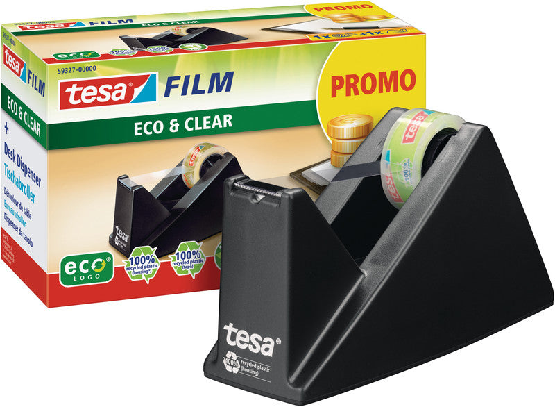 tesa Tischabroller eco&clear – für Rollenbreite bis 19 mm, für Bandlänge bis 33 m, für Kern 1", Metallmesser