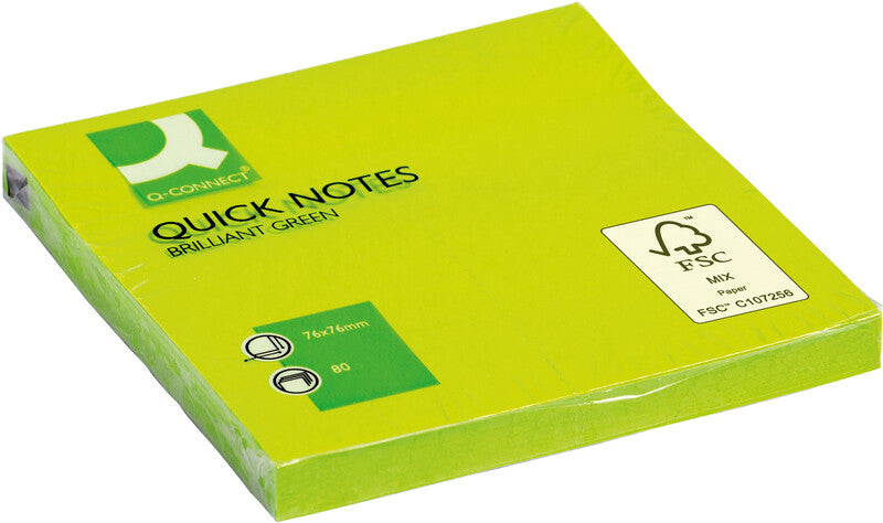Q-Connect Haftnotizen Quick Notes – 76×76 mm – Neongrün, 6×80 Blatt