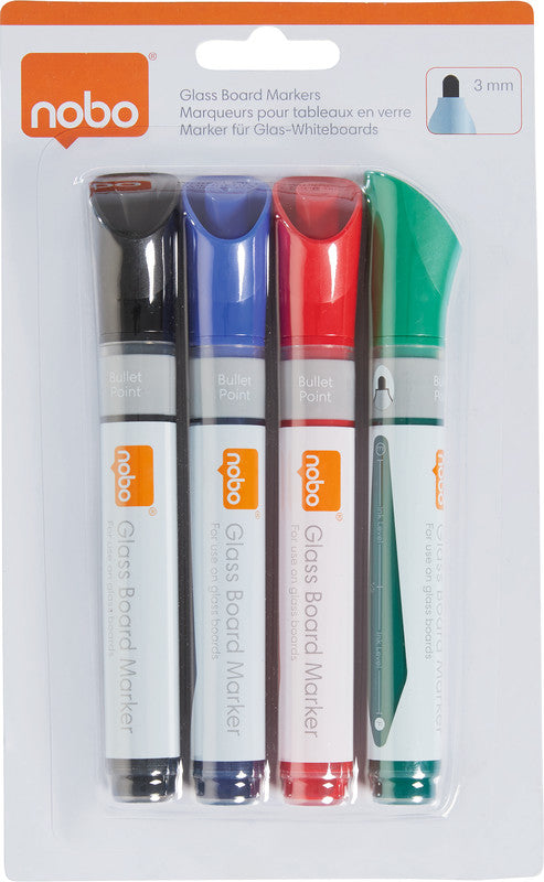 Nobo Non-Permanent-Marker Glasboard – Rundspitze 3 mm – sortiert – 4er-Set – trocken abwischbar