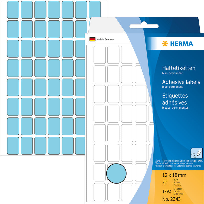 HERMA Haftetiketten – rechteckig 12 × 18 mm, stark haftend, blau, Bogen 111 × 170 mm, 32 Blatt (1'792 Stk.)