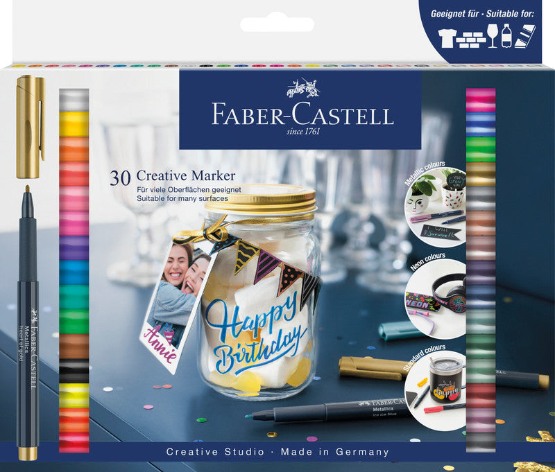 Faber-Castell Non-Permanent Marker Creative – Rundspitze 1,5 mm – Sortiert – 30er-Set – Trocken abwischbar