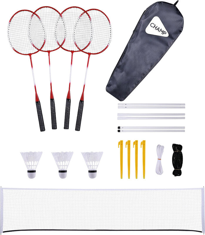 Champ Badminton-Set – für 4 Spieler, inkl. 4 Schläger, 3 Nylon-Federbälle, Netz – 20,5 × 66 cm