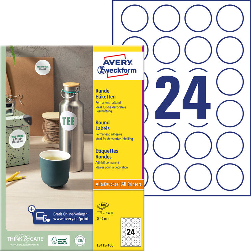 Avery L3415-100 – Markierungspunkte Ø 40 mm – 24 pro Blatt, 100 Blätter (2'400 Stk.) – Papier – permanent haftend