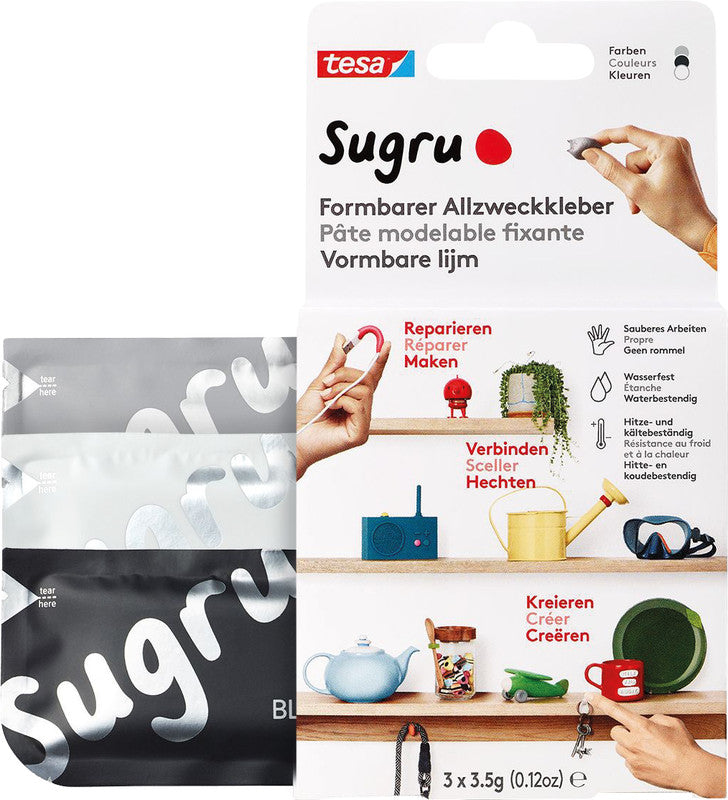 TESA SUGRU Vielzweckkleber – permanent, sortiert (grau, weiss, schwarz), formbar, 3×3,5 g, für Glas, Holz und mehr