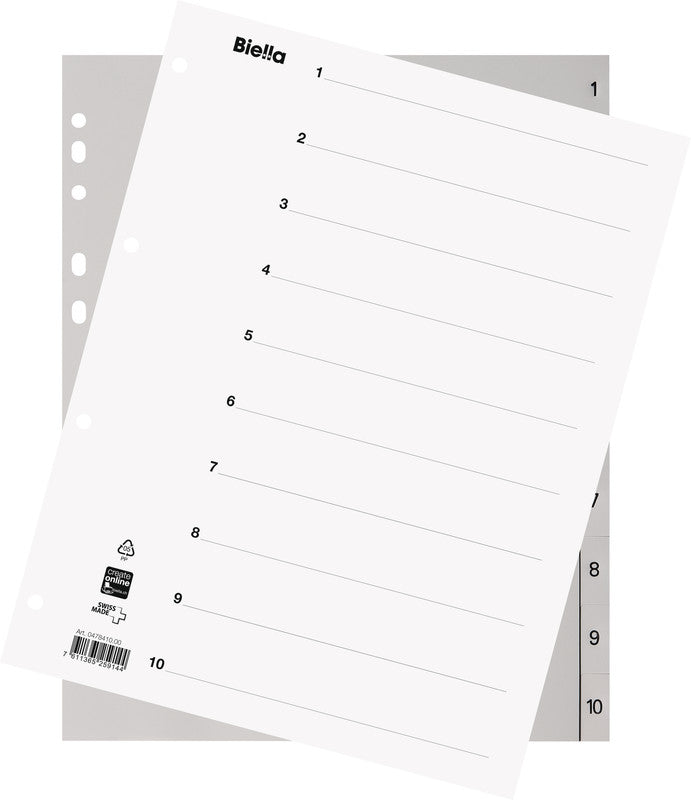 Biella Register – A4 überbreit, 10-teilig, PP, grau, vorgedruckt, mit Indexblatt, 11-fach Lochung
