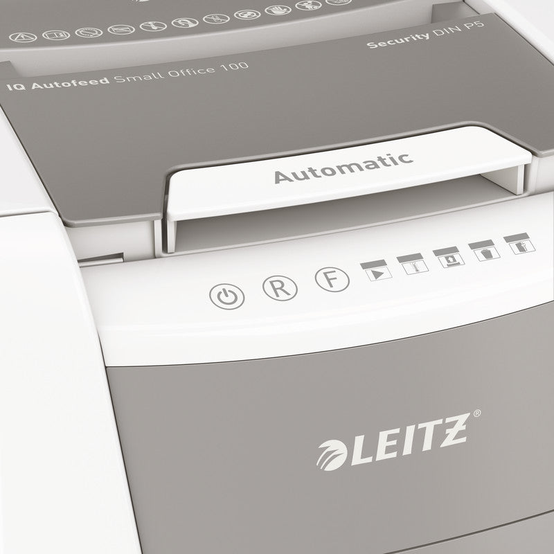 Leitz IQ Autofeed – Aktenvernichter mit Autofeed 100 Blatt, DIN P-5, Mikroschnitt 2 × 15 mm, 6 Blatt, 34 l, A4