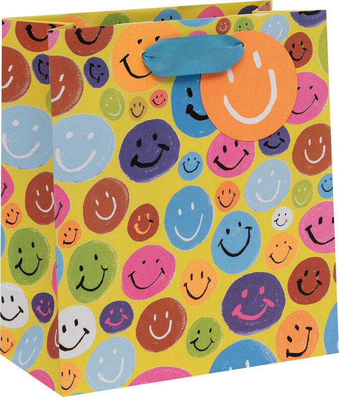 Glick Geschenktasche 'Smiley Faces' – 20 × 10 × 22,5 cm, Papier, mit Satinband, mehrfarbig, mit Anhänger
