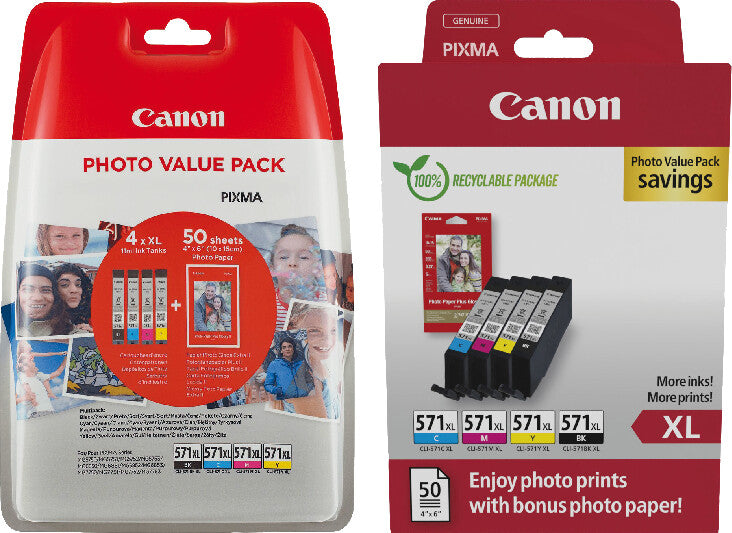 Canon Tintenpatronen-Multipack CLI-571XL Photo Cube, 4er-Pack, mit Fotopapier 4" × 6" (50 Blatt) – für CLI-571