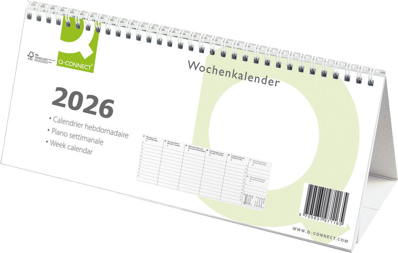Q-connect Triangel Wochenplaner – 1 Woche/1 Seite, 28,5 × 12 cm, 2026, mit Steller, Weiss, FSC