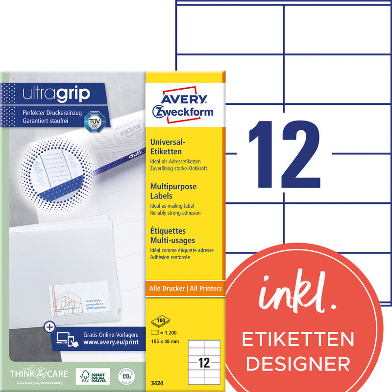 Avery Etiketten, 105 mm × 48 mm, weiss, Papier, permanent, 100 Blatt (1200 Etiketten)