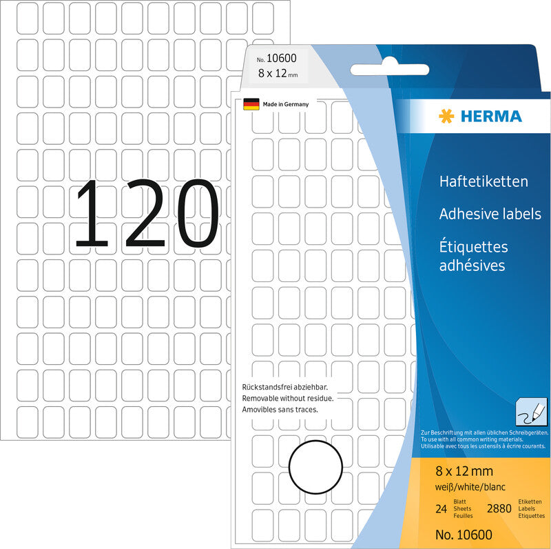 HERMA Haftetiketten – rechteckig 8 × 12 mm, wiederablösbar, weiss, Papier, 24 Blatt (2'880 Stk.)