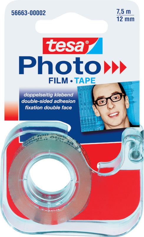 TESA Doppelseitiges Fotoklebeband – mit Abroller – permanent, Kunststoff, 12 mm × 7,5 m, transparent