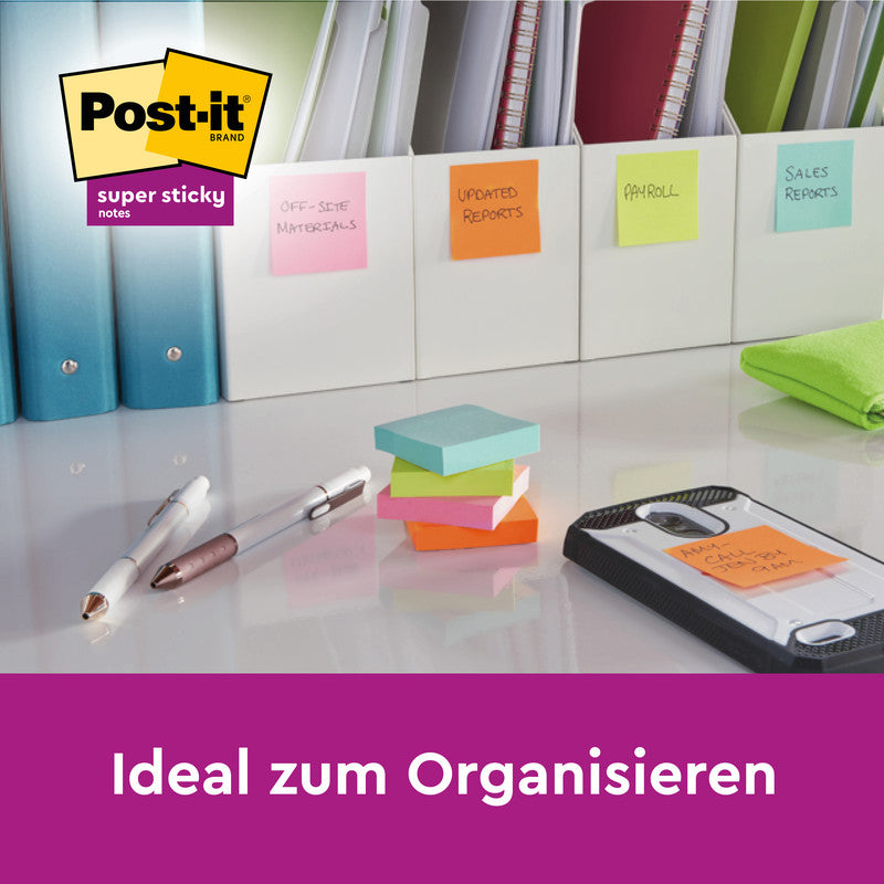 Post-it Super Sticky Haftnotizen – 76×76 mm – sortiert, 6×90 Blatt, PEFC
