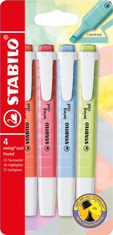 STABILO swing cool Pastell Textmarker – 4er Set, Farben: Korallenrot/Kirschblütenrosa …, Keilspitze 1–4 mm
