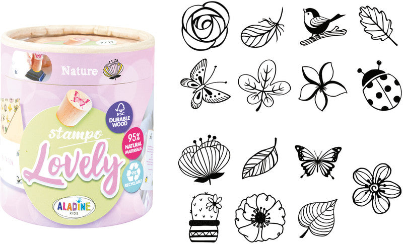 Aladine kids Aladine – Motivstempel – 15 Motive sortiert, Ø 20 mm, schwarzes Stempelkissen