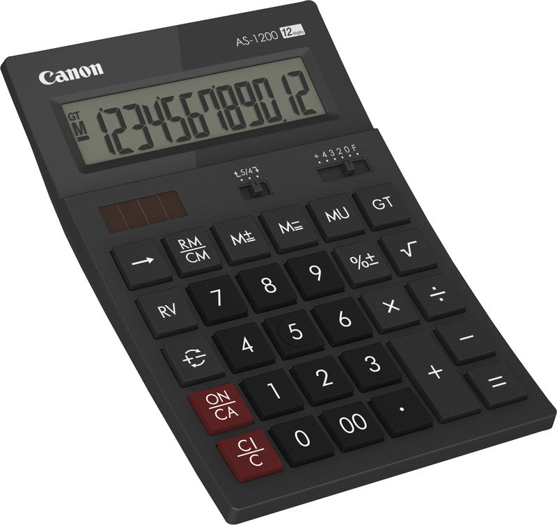 Canon Tischrechner AS-1200 – 12-stellig, LCD, Prozent/Rundung, Solar + Batterie, Schwarz