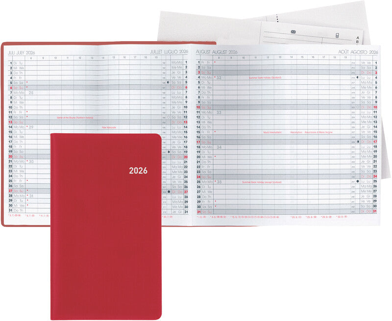 Biella Planer Berlin Agenda – 1 Tag/Seite, geheftet, 8,7 × 15,3 cm, 2026, 1‑h‑Takt, weinrot, FSC