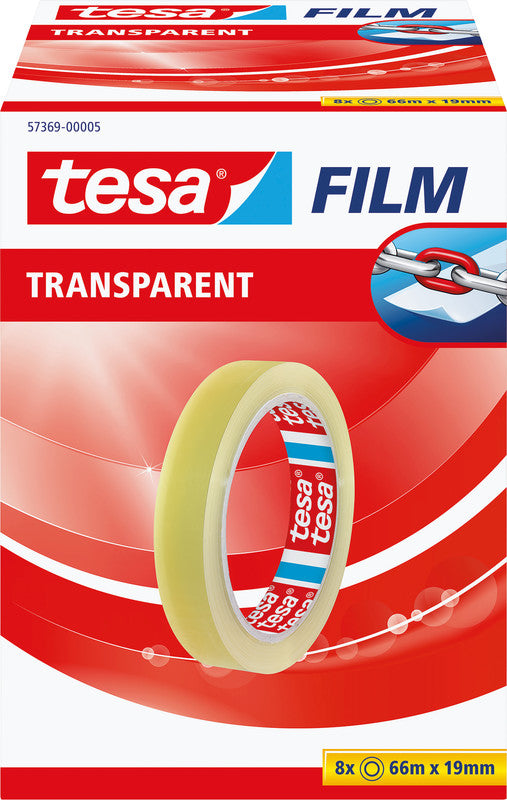 TESA Büro-Klebeband – permanent, klar, Kunststoff, 19 mm × 66 m, Kern Ø 76 mm
