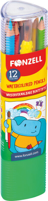 Fonzell Aquarellfarbstifte-Set – 12 Farben, Dreikant, Mine Ø 3,3 mm, Dreiecksetui, mit Pinsel