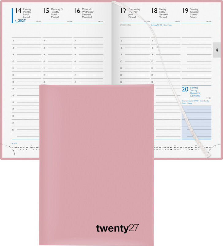 Biella Colorful 7 Agenda – 1 Woche/2 Seiten, gebunden, 14,5 × 20,5 cm, Jan–Dez, mehrsprachig, rosa, FSC