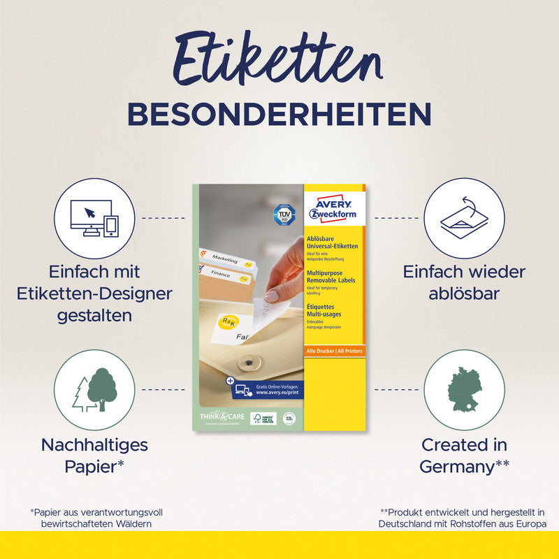Avery Druckeretiketten, 96 mm × 64 mm, weiss, Papier, wiederablösbar, 30 Blatt (240 Etiketten)